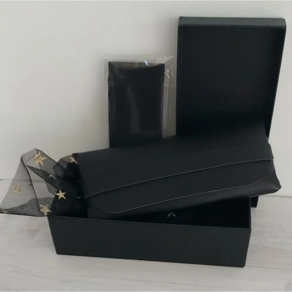 Black Faux Leather Eyeglass Case With Cleansing Cloth And Gift Box